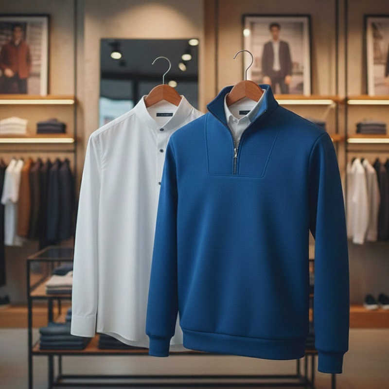 پکیج دورس مردانه نیم زیپ مدل Behbod-آبی  پیراهن مردانه سفید VQویژه